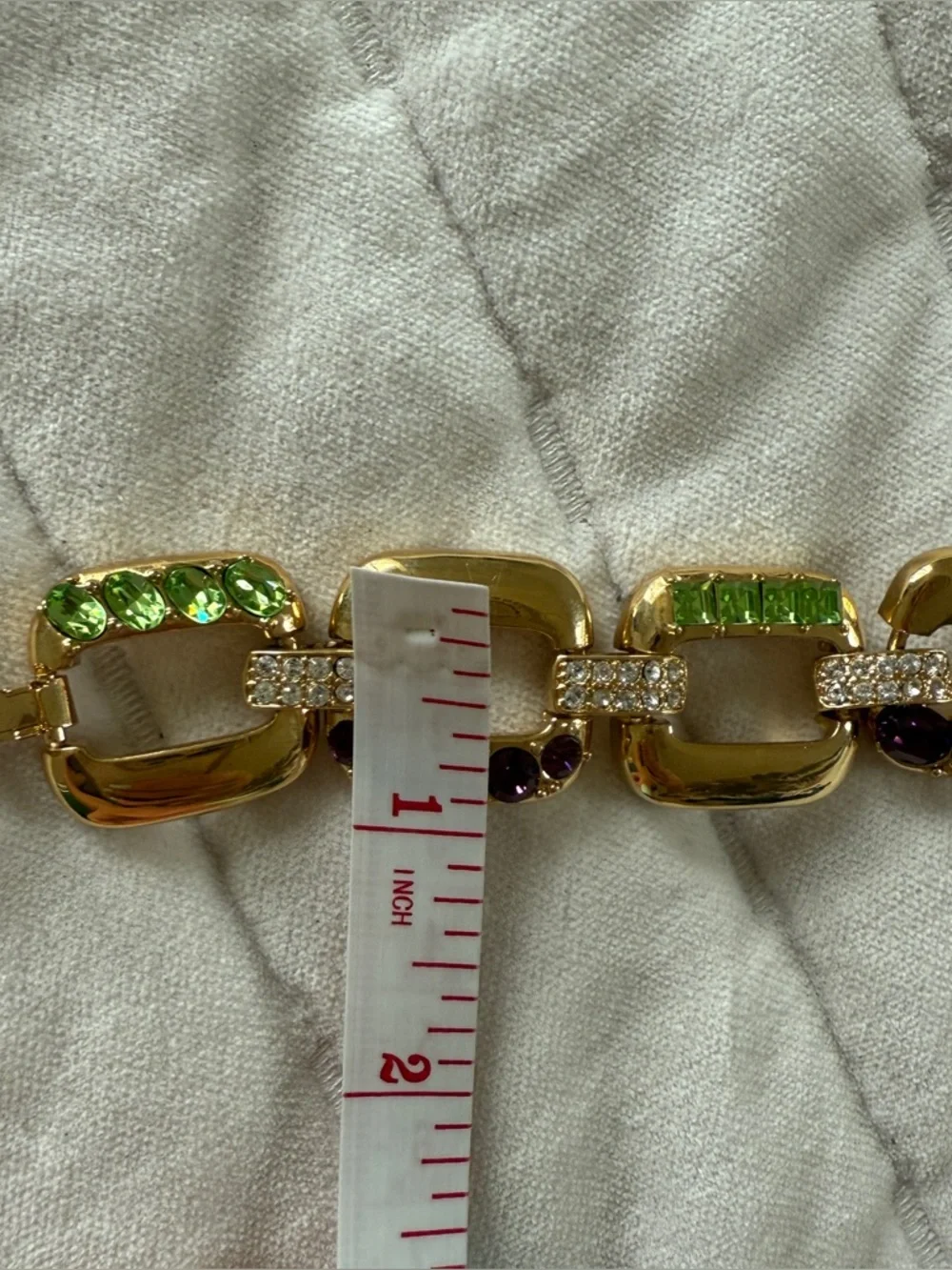 Gold wide chain link bracelet with multi coloured gemstones Swarovski elements